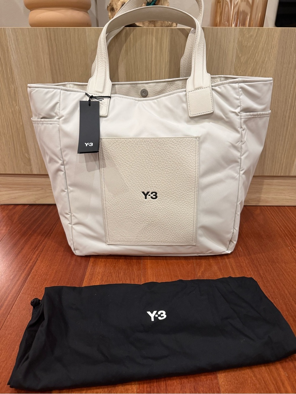 Y-3 Cream Tote Bag with Front Patch Pocket